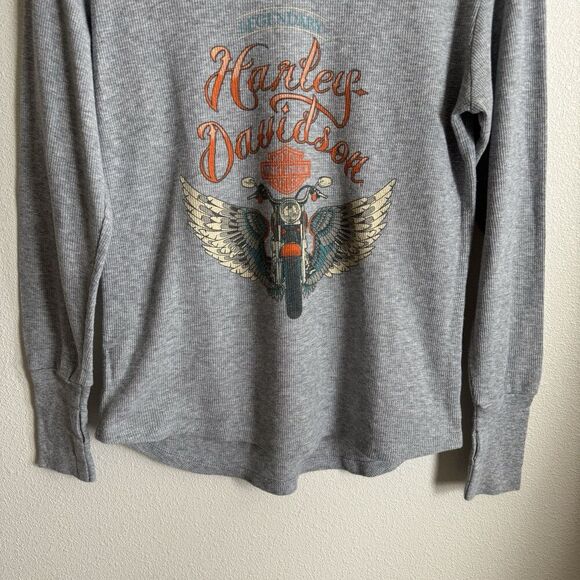 Harley Davidson Top Womens Medium Gray Waffle Knit Harley Graphic Spokane Biker - Picture 3 of 13